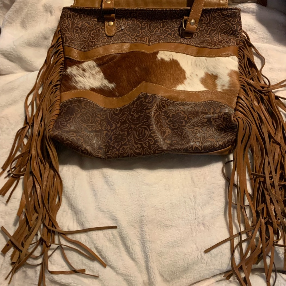 Myra Bag Brown and Tan Shoulder Bag with Fringe
